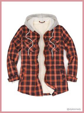 Sherpa Lined Hooded Flannel Jacket Snap Button Shacket